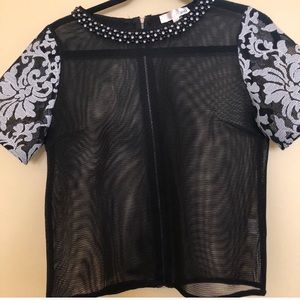Sheer mesh top with jeweled collar